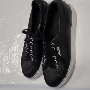 Superga Black Leather Platform Sneaker Size 9